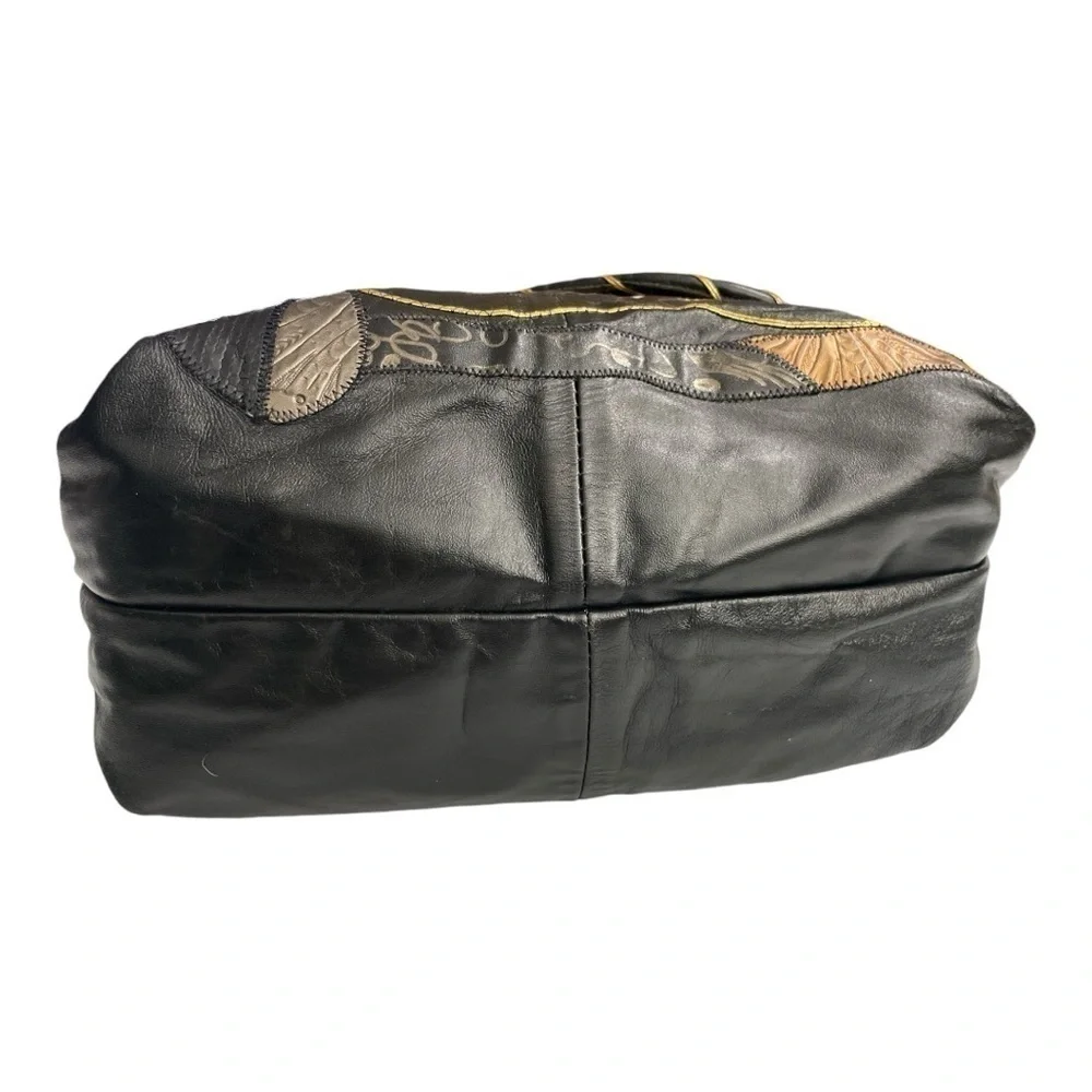 VTG Black Genuine Leather Patchwork Hobo Bag Boho Slouchy Shoulder Purse
